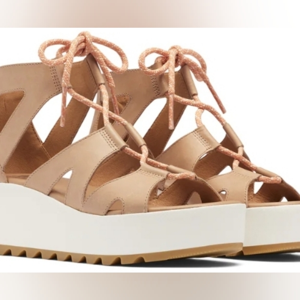 Sorel Tan and White Columbian Wedge Shoes with Lace-Up Design